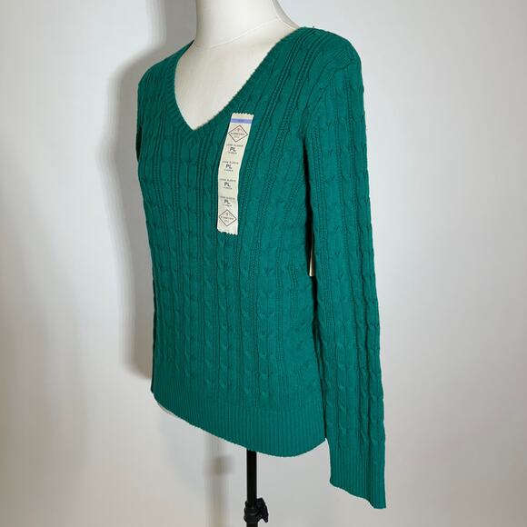 NWT St. John's Bay Green Cable Knit V-Neck Sweater Womens Petite Size PL Preppy - Picture 4 of 10